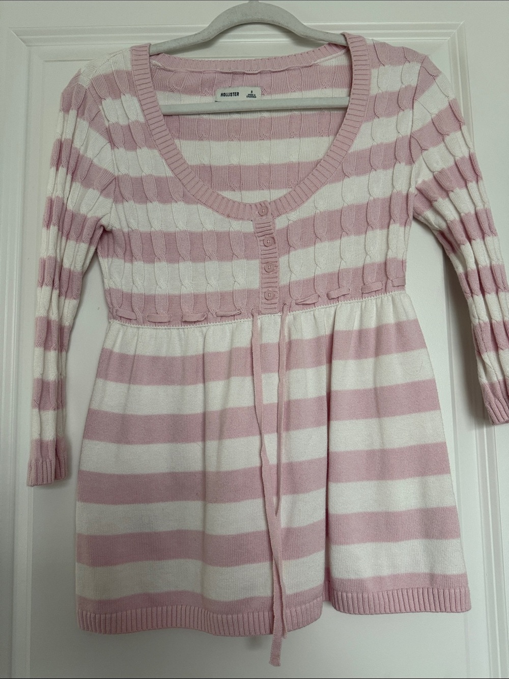 Hollister Pink and White Striped Knit Tie-Waist top